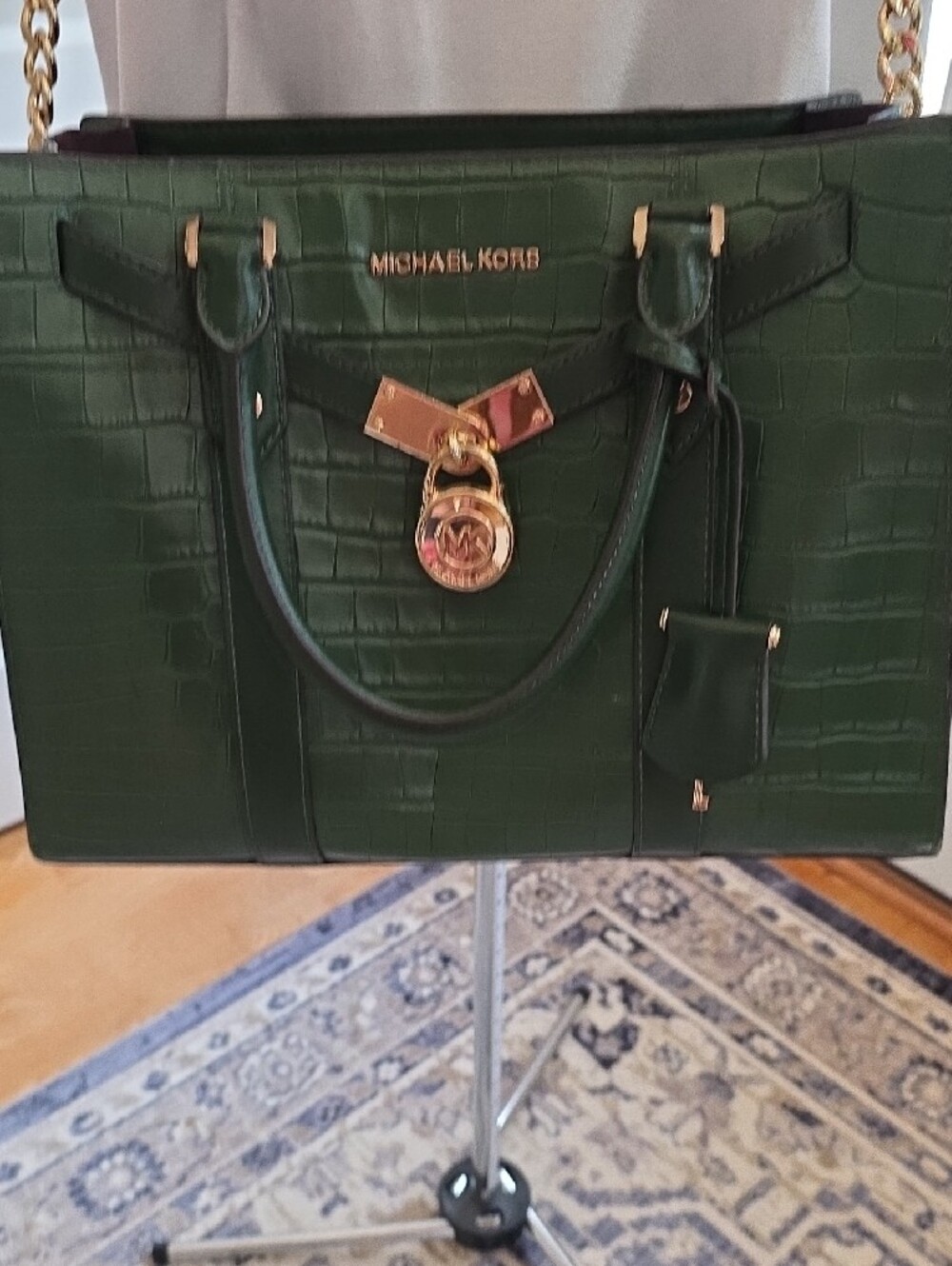 Michael Kors Nouveau Hamilton Dark Green Croc-Embossed Leather Satchel - Picture 14 of 16
